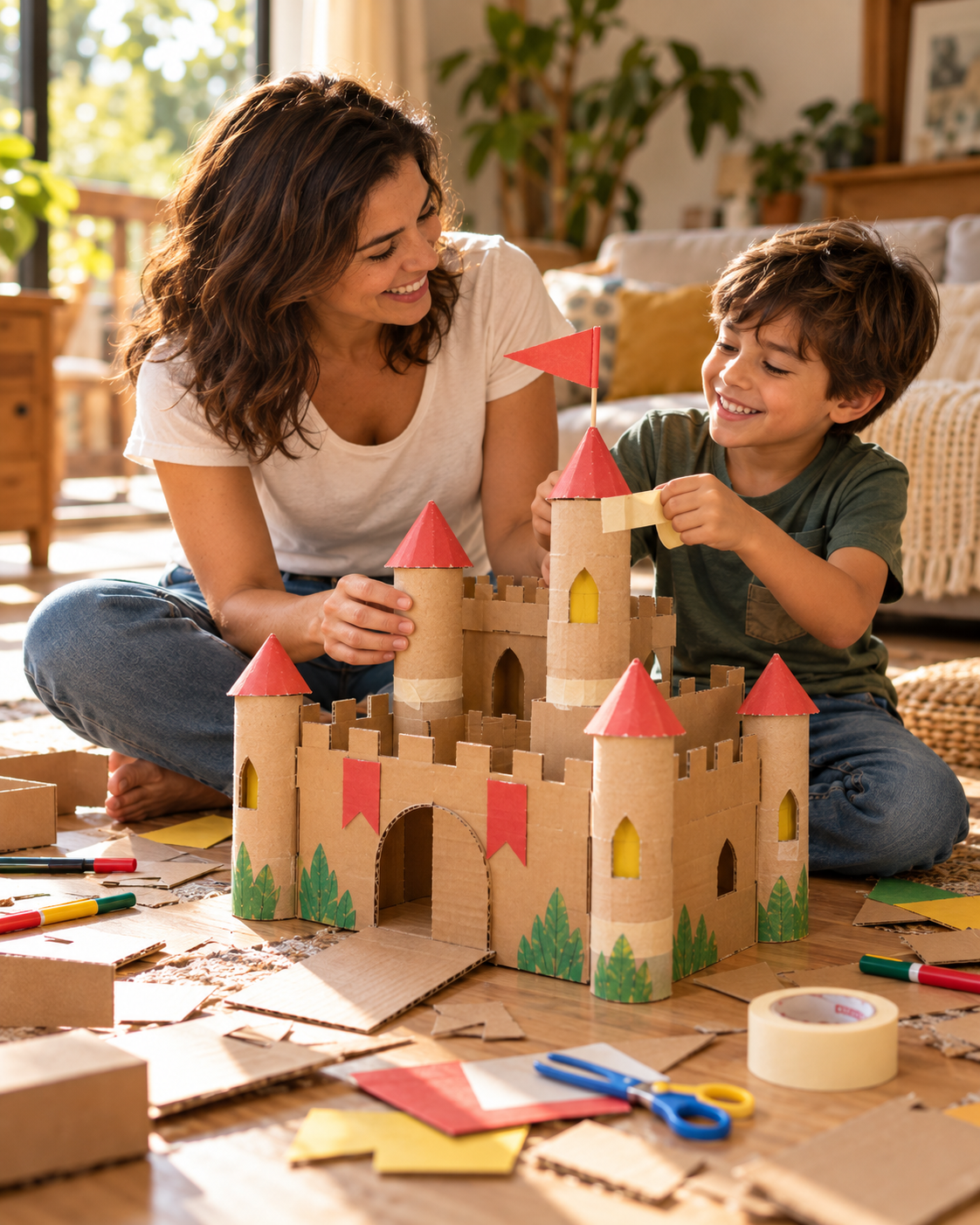 Mamá e hijo construyendo un castillo de cartón